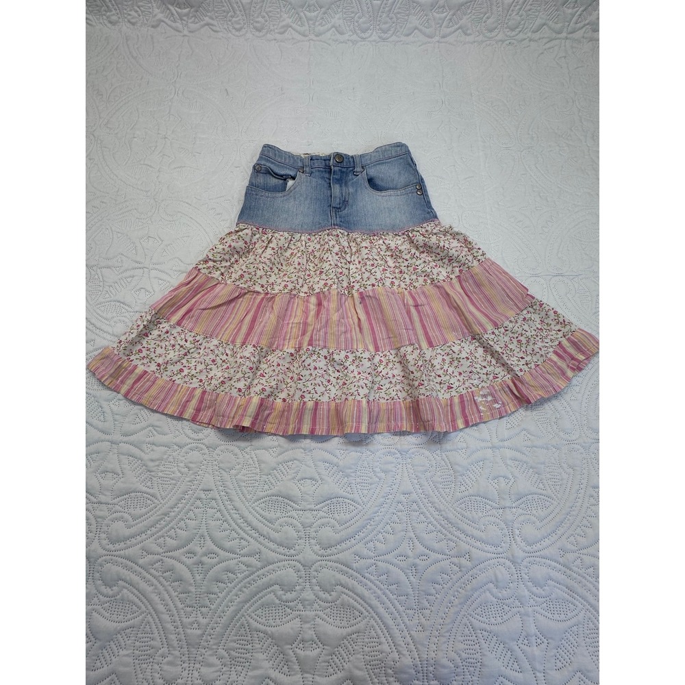 Mudd Girls Denim Tiered Floral Striped Skirt Size 6X Pink Yellow Blue Boho